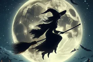 Witch flying on a broomstick against full moon and night sky with clouds, Halloween holiday. AI, Generation, Illustration