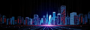 City lights illuminate urban architecture at night.