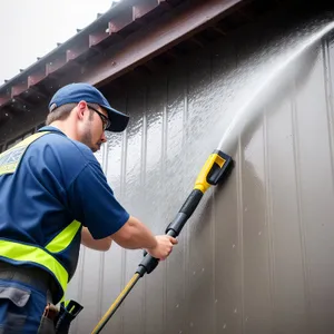 Male Cleaner with Squeegee in Action