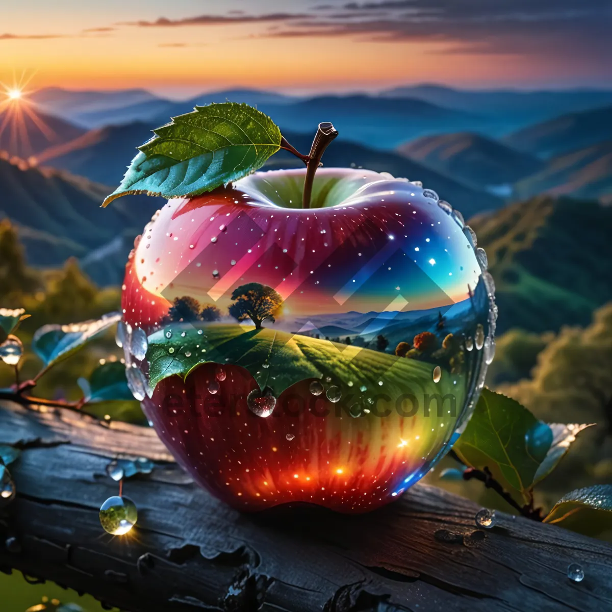 Picture of Fresh Red Apple with Juicy Water Drops