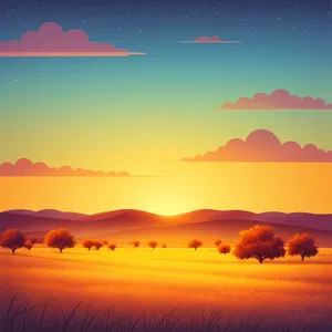 Golden Horizon over Dunes: A Vibrant Sunset in the Savanna