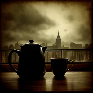 Nighttime Cityscape with Coffee Pot and Landmark Building