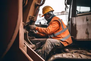 A construction worker in a hard hat and safety gear playing a grand piano on a stage, captivating an audience with their musical talent and defying stereotypes