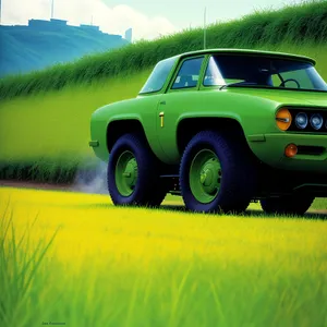 Rural Summer Landscape with Car on Meadow