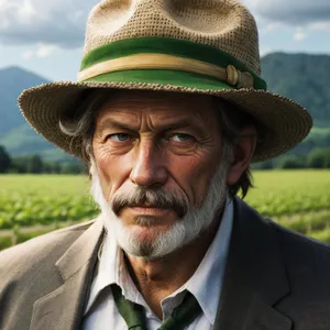 Happy senior man wearing cowboy hat with mustache portrait