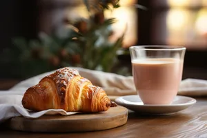 Delicious breakfast pastry and coffee on table.