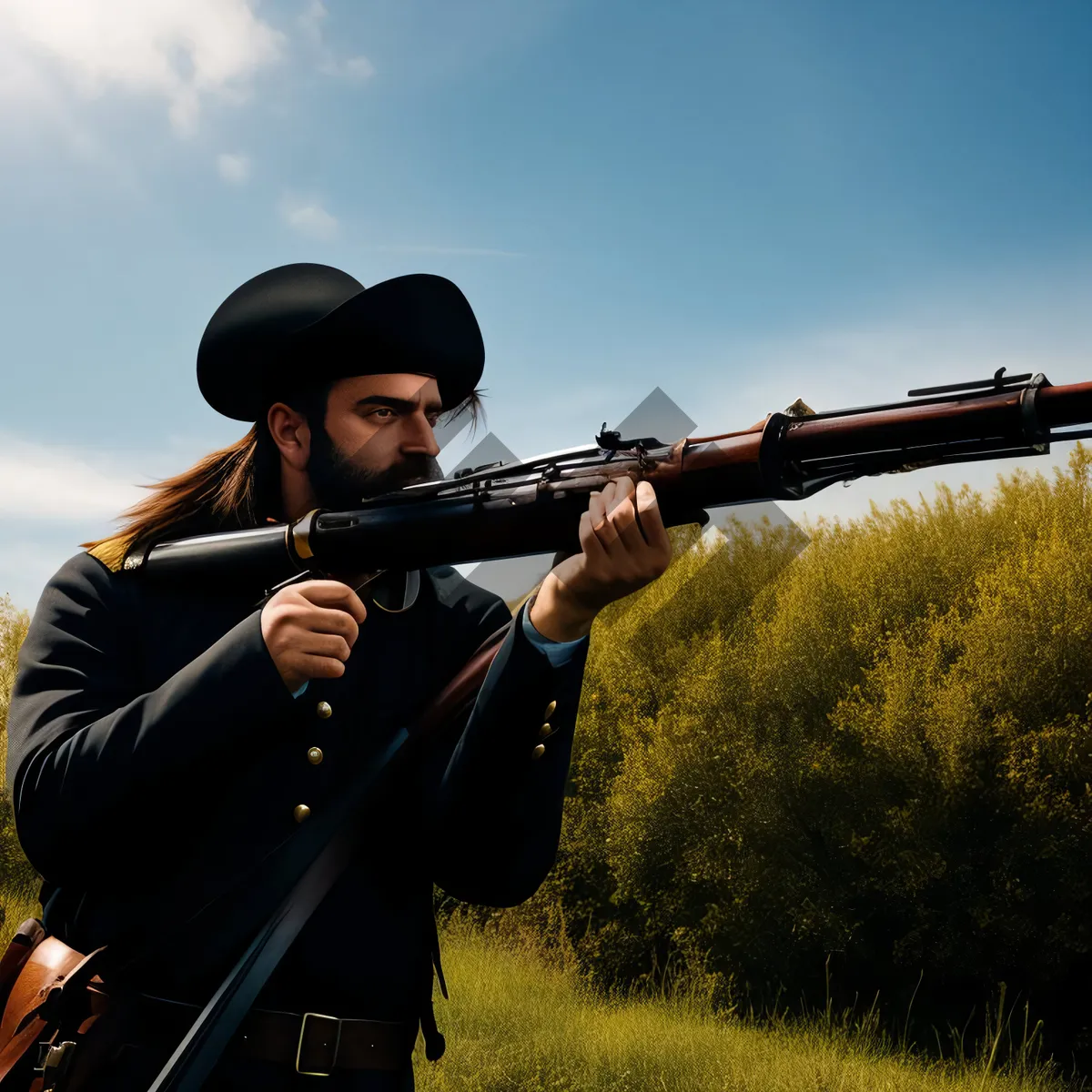 Picture of Man aiming assault rifle at clay pigeon