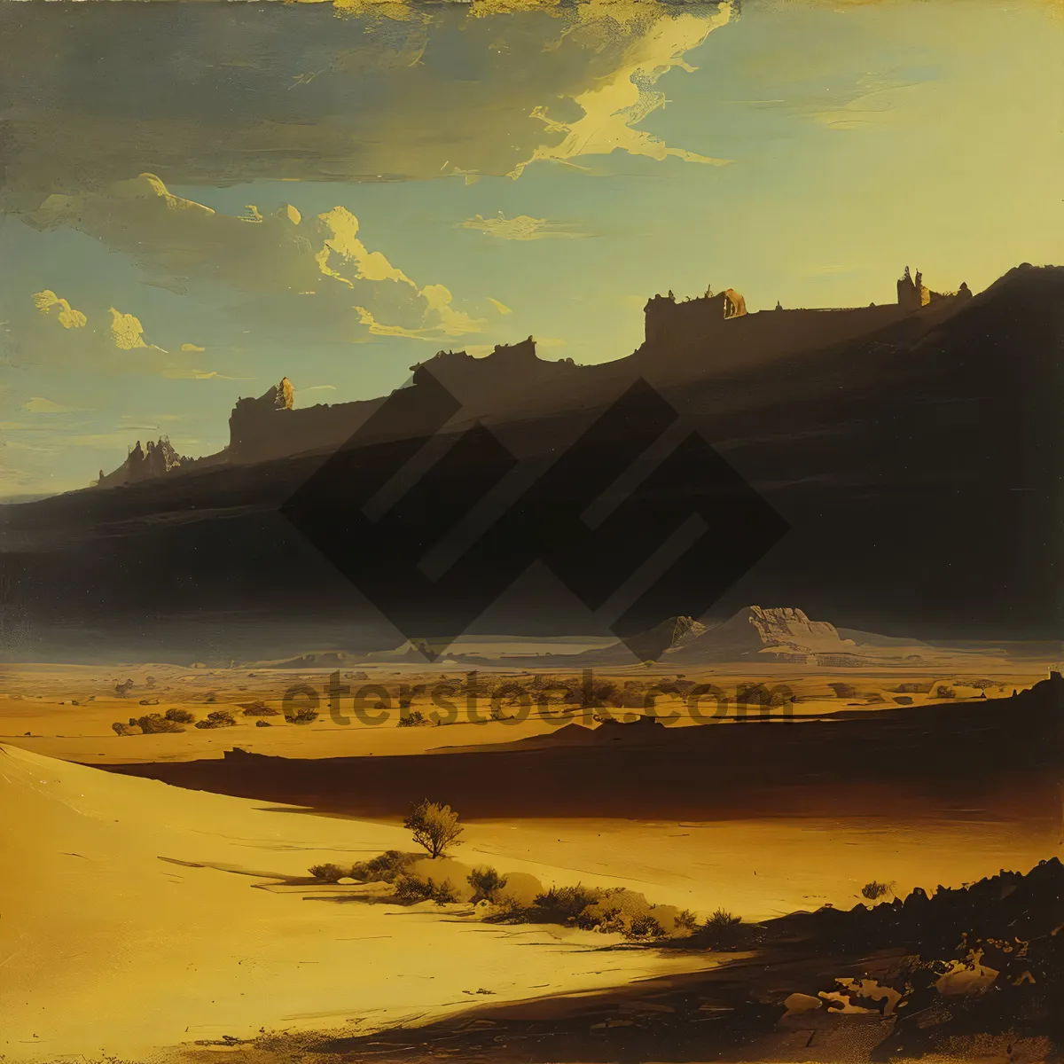 Picture of Sunset silhouette over beach and mountains.