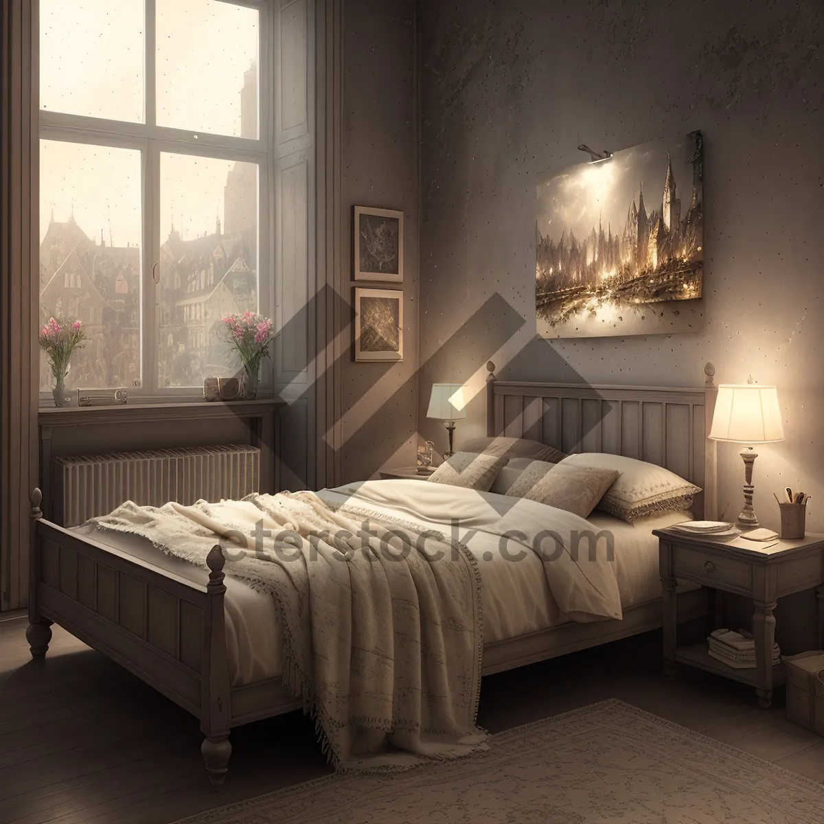 Picture of Modern Bedroom Interior with Comfortable Sofa and Stylish Lamp