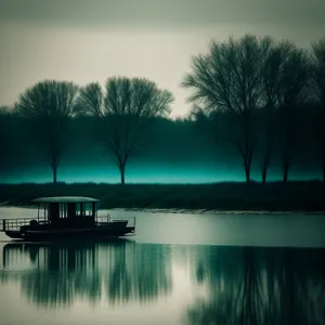 Serene Sunset Reflection on Lakeside Boathouse