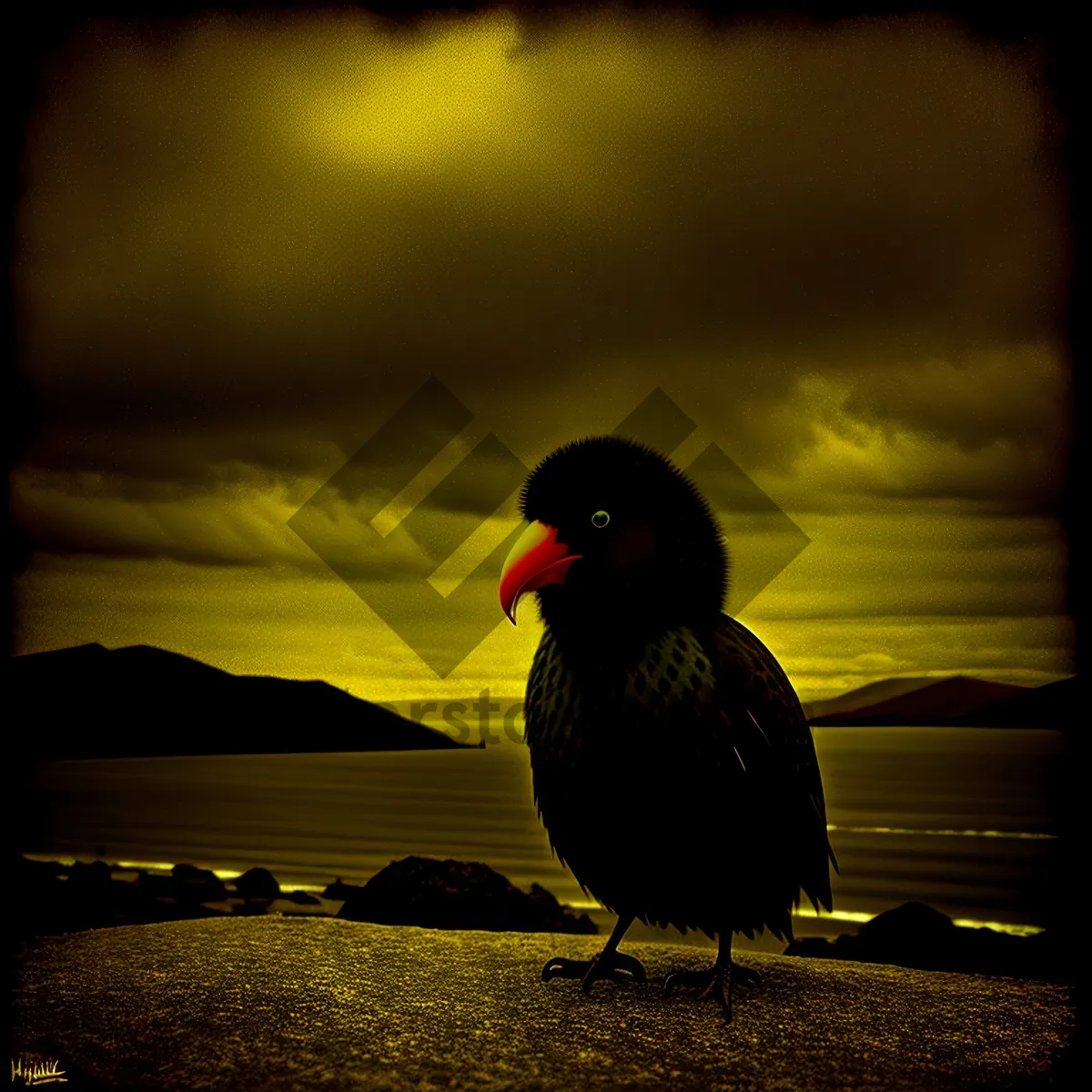 Picture of Dusky Sunset Silhouette on Beach: Black Swan in Evening Sky