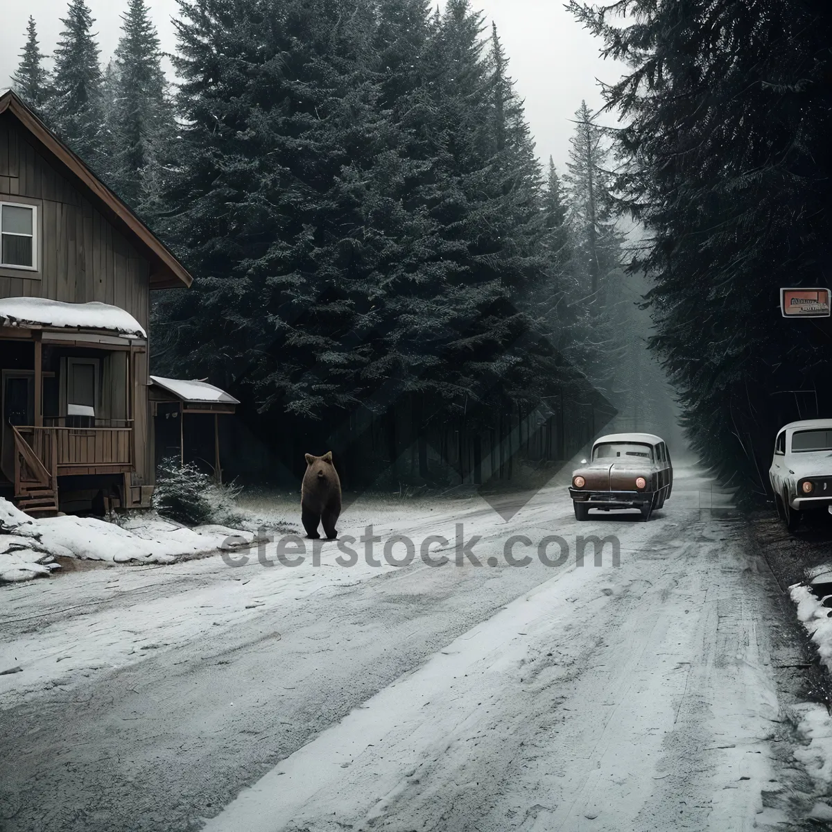 Picture of Winter Wonderland Bison Crossing Through Snowy Forest