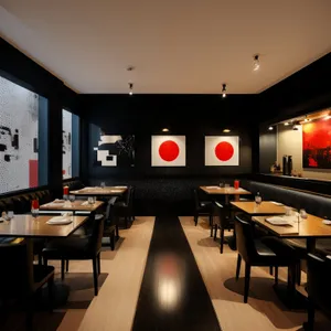 Modern luxury restaurant interior with empty chairs dining area.