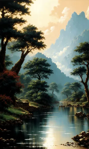 Autumn Lake Landscape with Pine Trees and Water