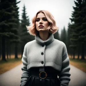 Attractive brunette lady with happy expression in stylish jacket