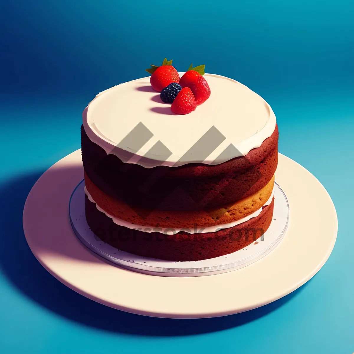 Picture of Delicious chocolate cake with vanilla icing and fruit garnish.