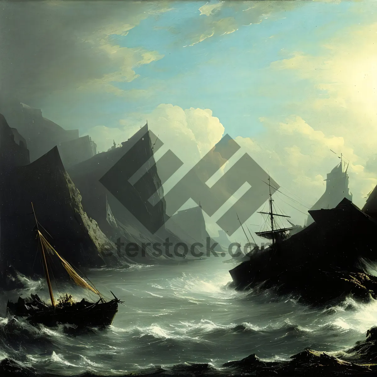 Picture of Picturesque Coastal Sunset: Fisherman on Shipwrecked Vessel amidst Majestic Water Landscape
