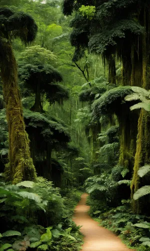 Tropical forest with lush green trees and ferns