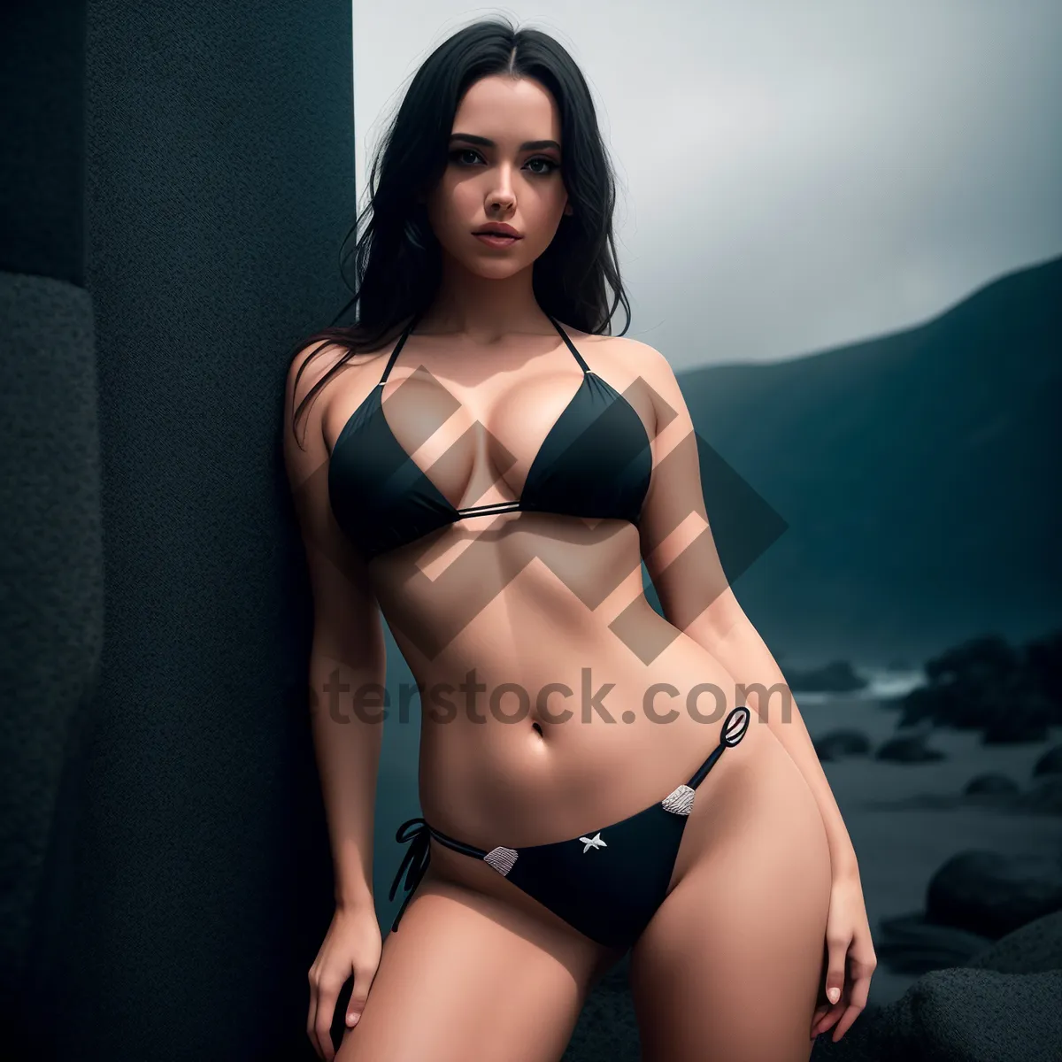 Picture of Sexy Black Bikini Model Posing on the Beach