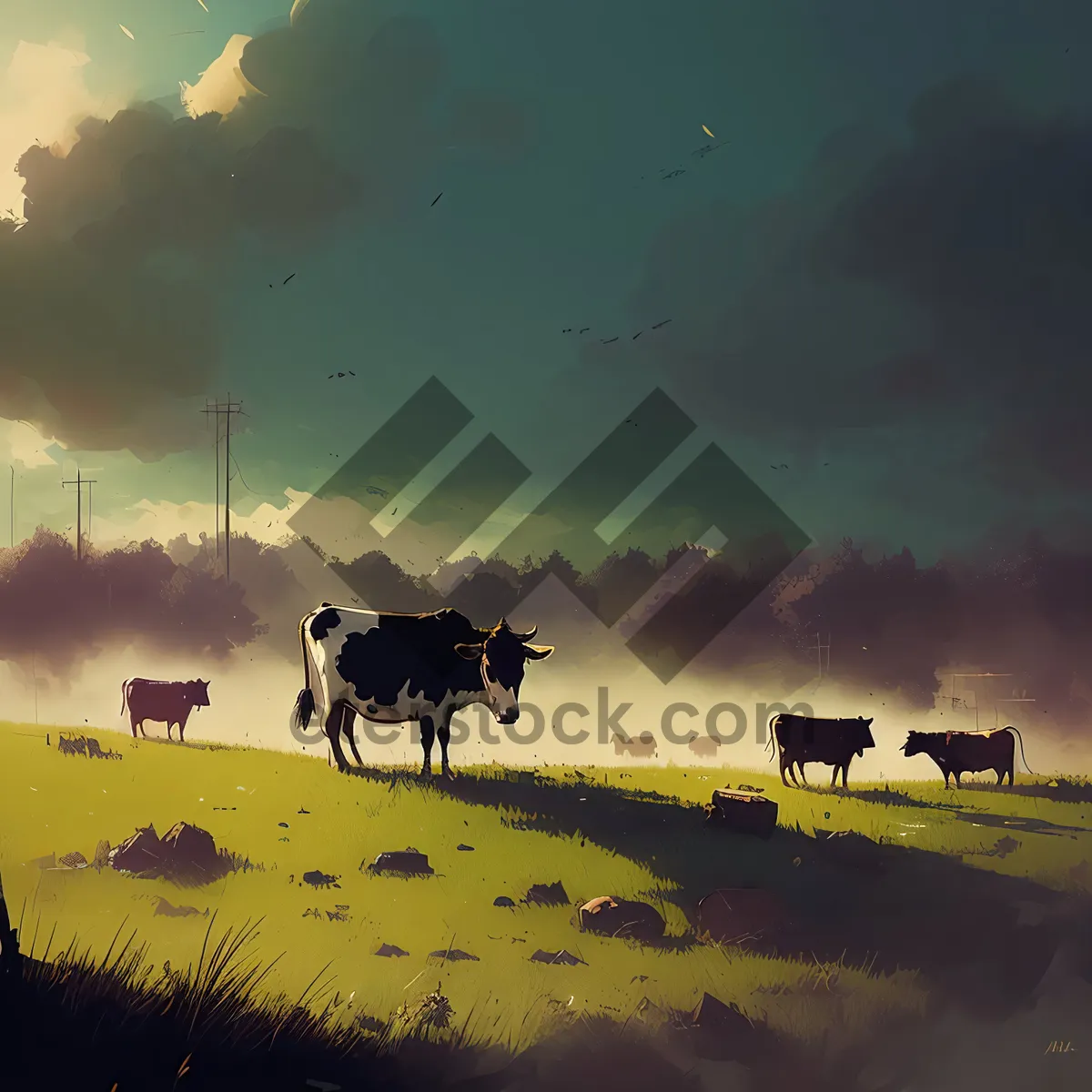 Picture of Idyllic Sunset Landscape with Horses in Rural Field