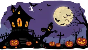 Spooky Halloween Night Silhouette Cartoon Illustration.