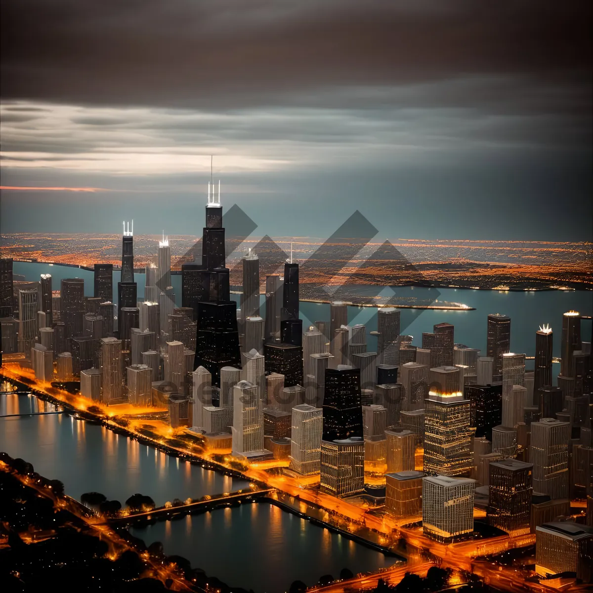 Picture of Urban Twilight: Nighttime City Skyline with Reflecting Skyscrapers