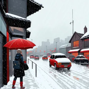 Winter Cityscape with Snowy Street and Umbrella