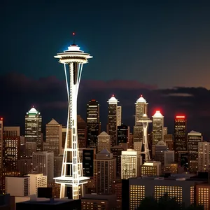 Modern City Skyline at Night over Waterfront