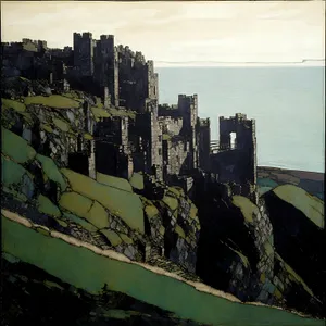 Enchanting Night Skyline with Majestic Castle and Urban Skyscrapers