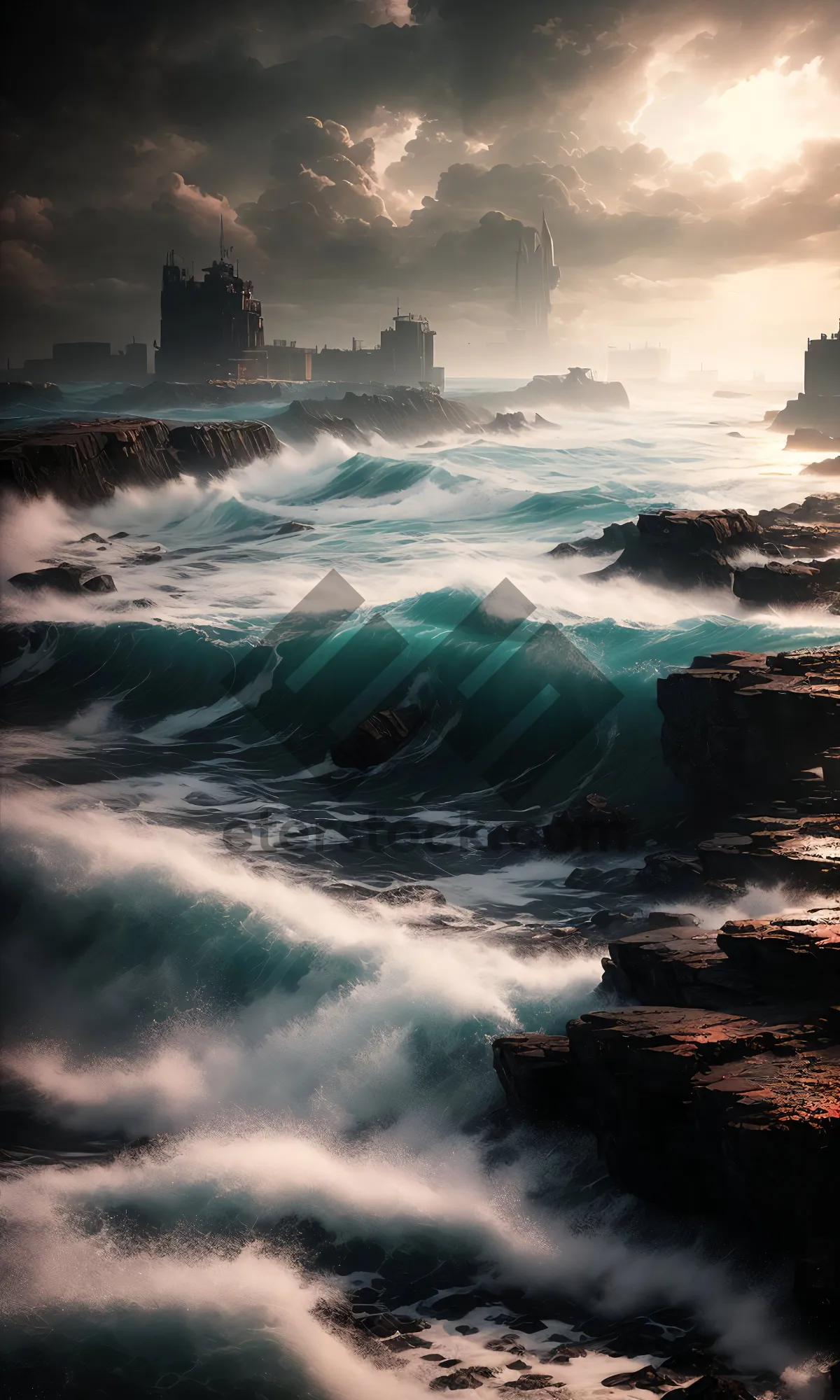 Picture of Tropical island beach with crashing waves on rocks