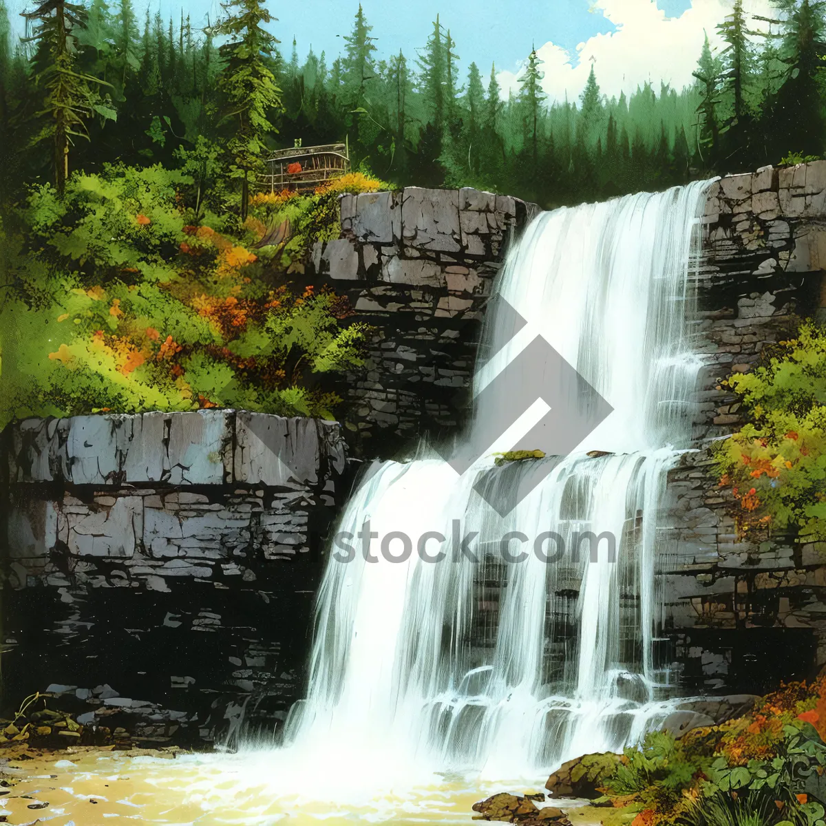 Picture of Tranquil Waterfall in Serene Forest Setting