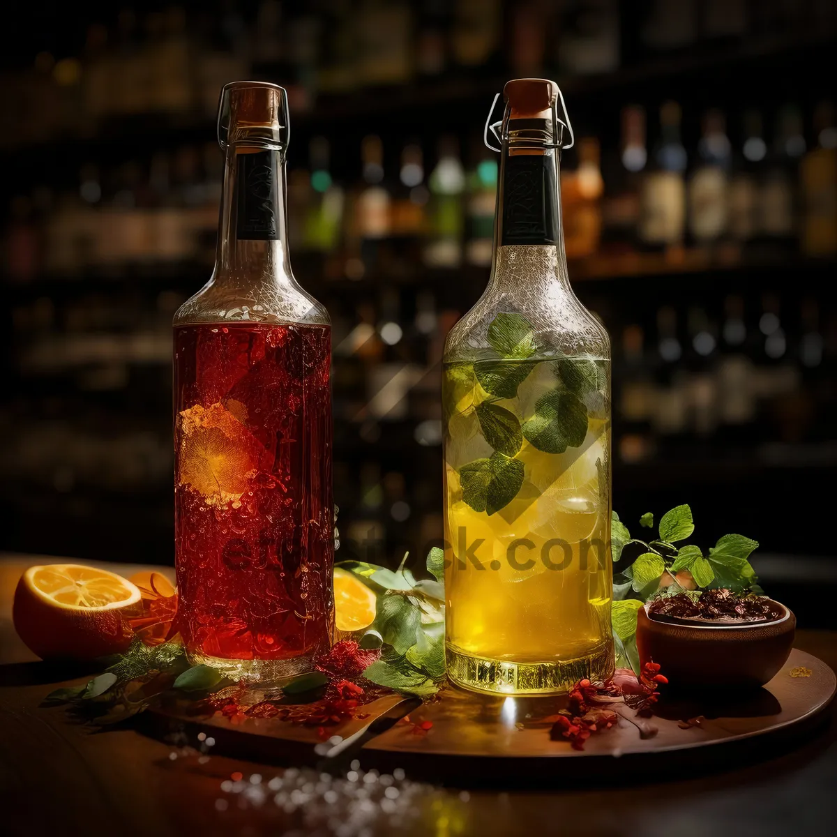 Picture of Golden beer bottle on table at party celebration.