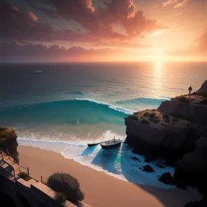 Sunset Beachscape with Majestic Sea and Rocky Coastline