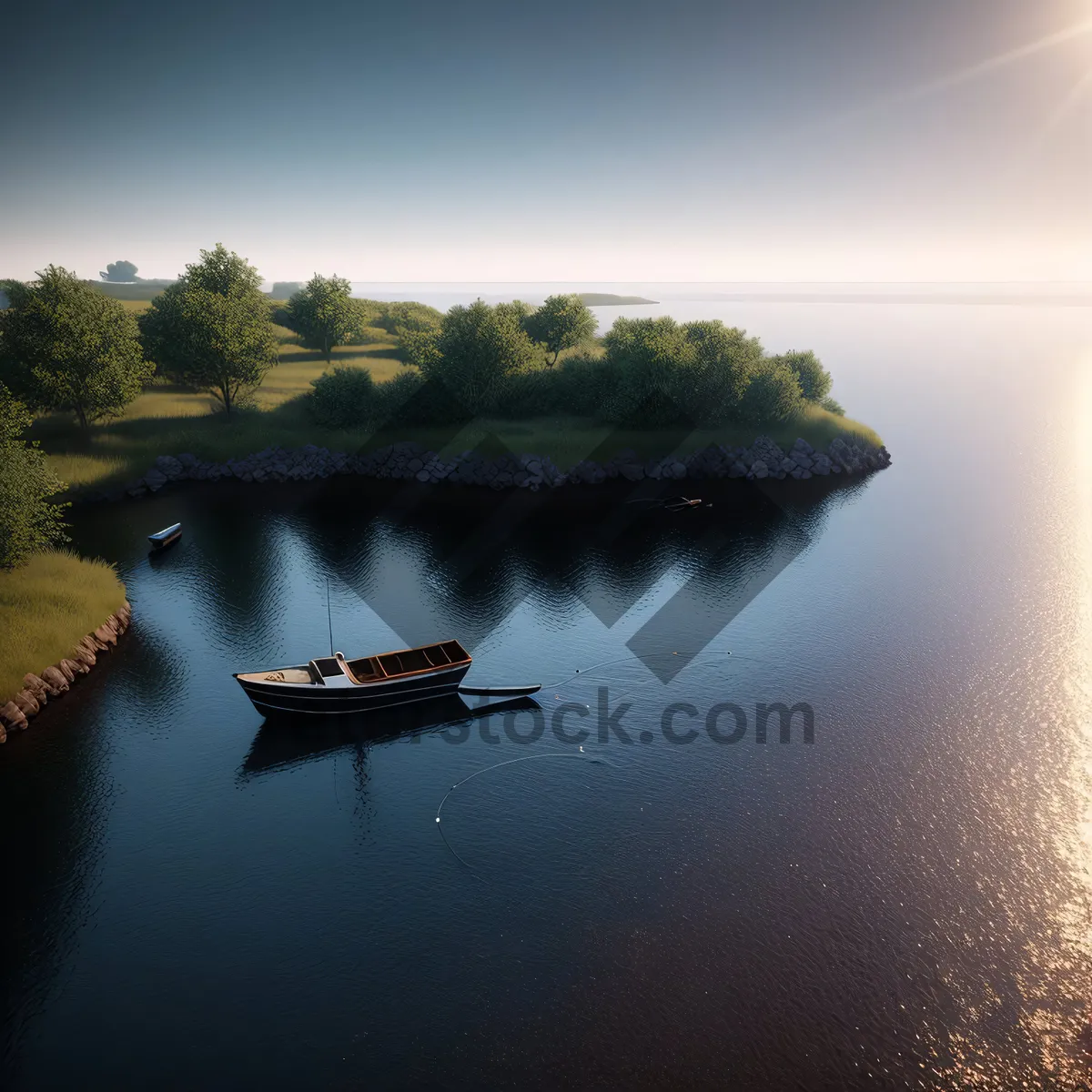 Picture of Serene Lake Reflection with Tree-Dotted Shoreline