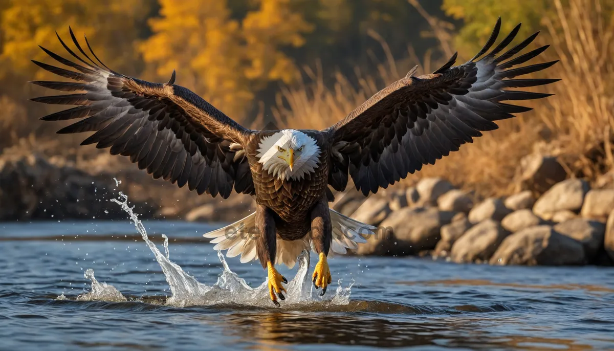 Picture of Sea bird with wings flying over water