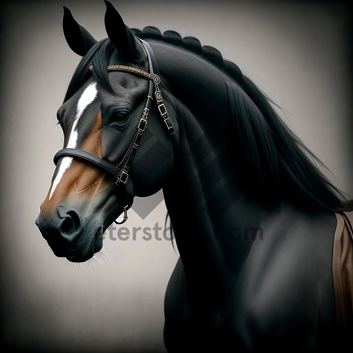 Picture of Brown Thoroughbred Stallion with Bridle and Halter