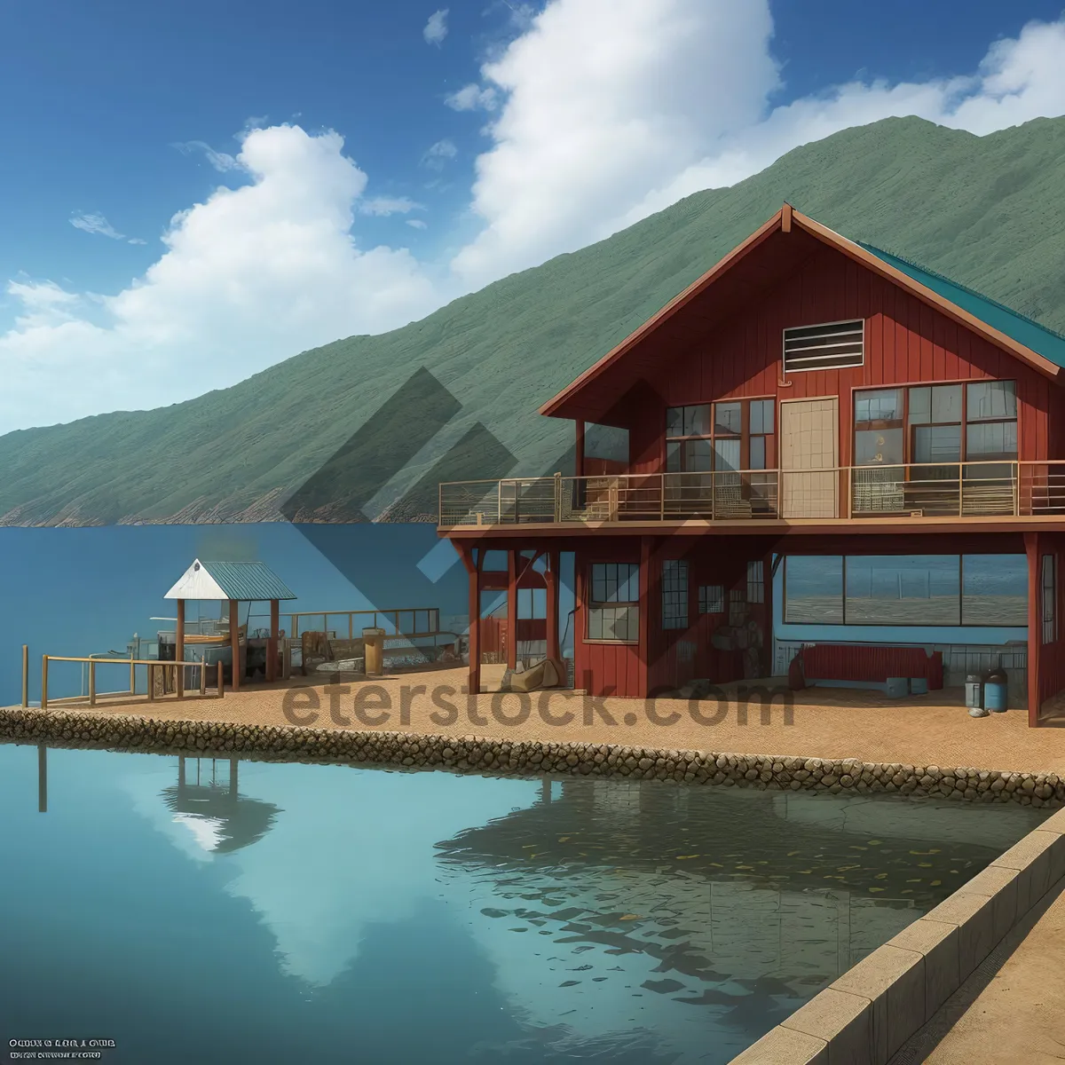 Picture of Serene Coastal Retreat with Boathouse and Mountain View