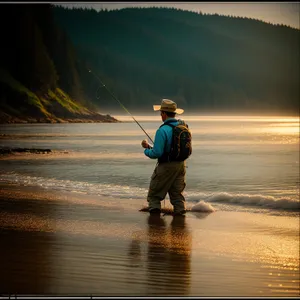 Serenity on the Shore: Silhouetted Fisherman at Sunset