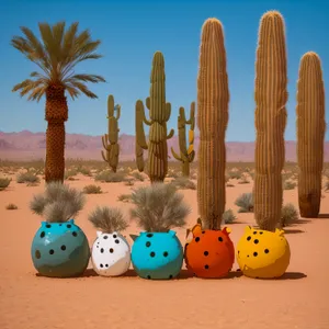 Sunny desert landscape with saguaro cactus and blue sky.