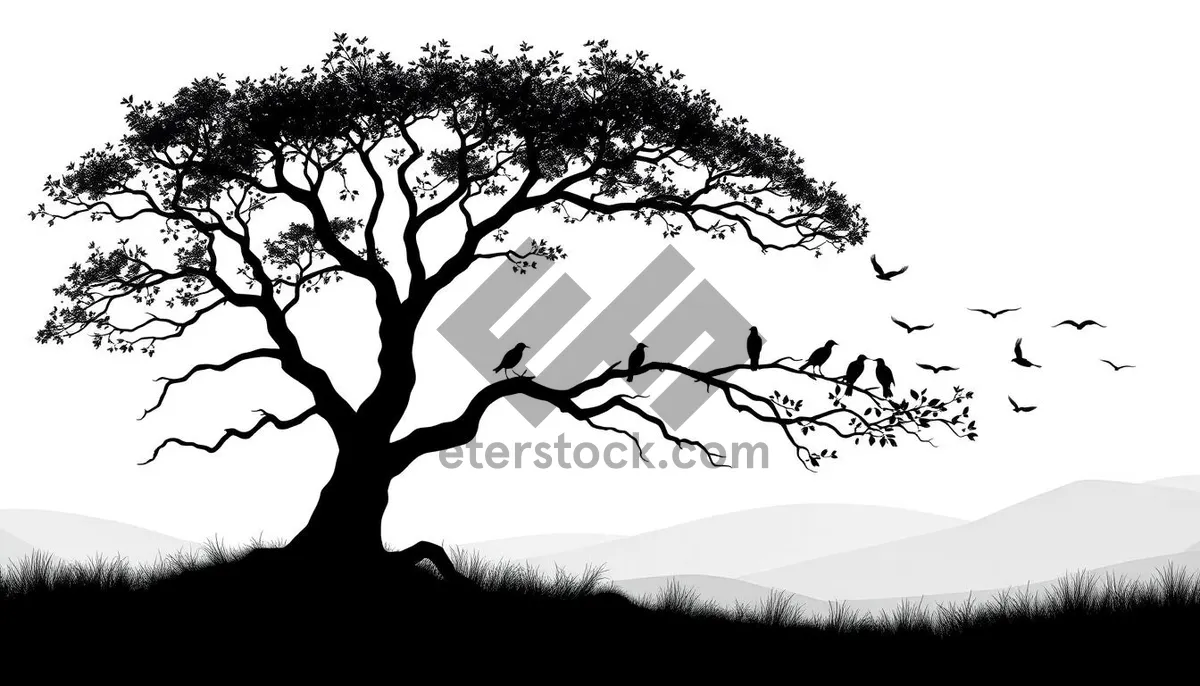 Picture of Black Oak Tree Silhouette in Autumn Forest.