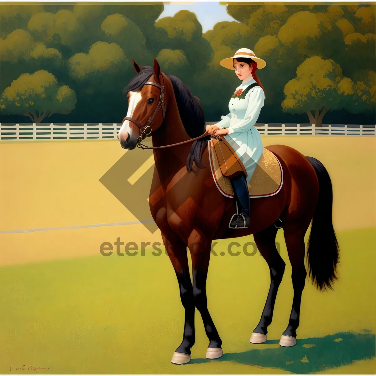 Picture of Professional equestrian riding polo mallet on brown thoroughbred horse