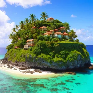 Tropical beach paradise with palm trees and crystal-clear water.