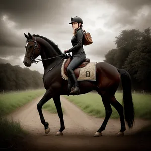 Equestrian Stallion On Stock Saddle Riding-Field