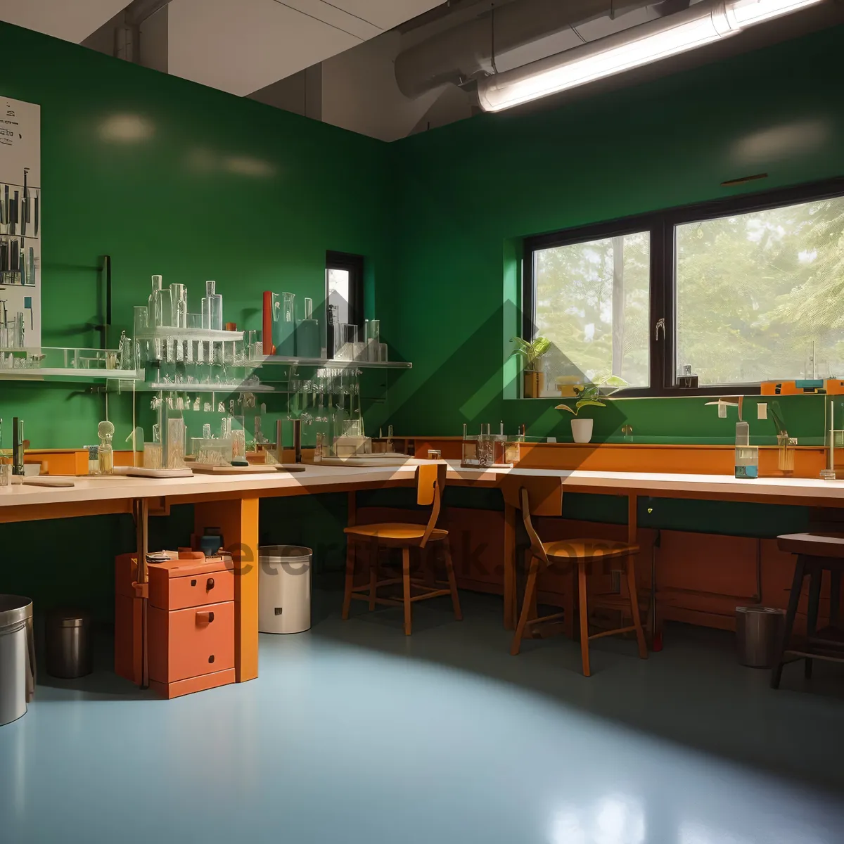 Picture of Modern office interior with wood furniture and floor lamp