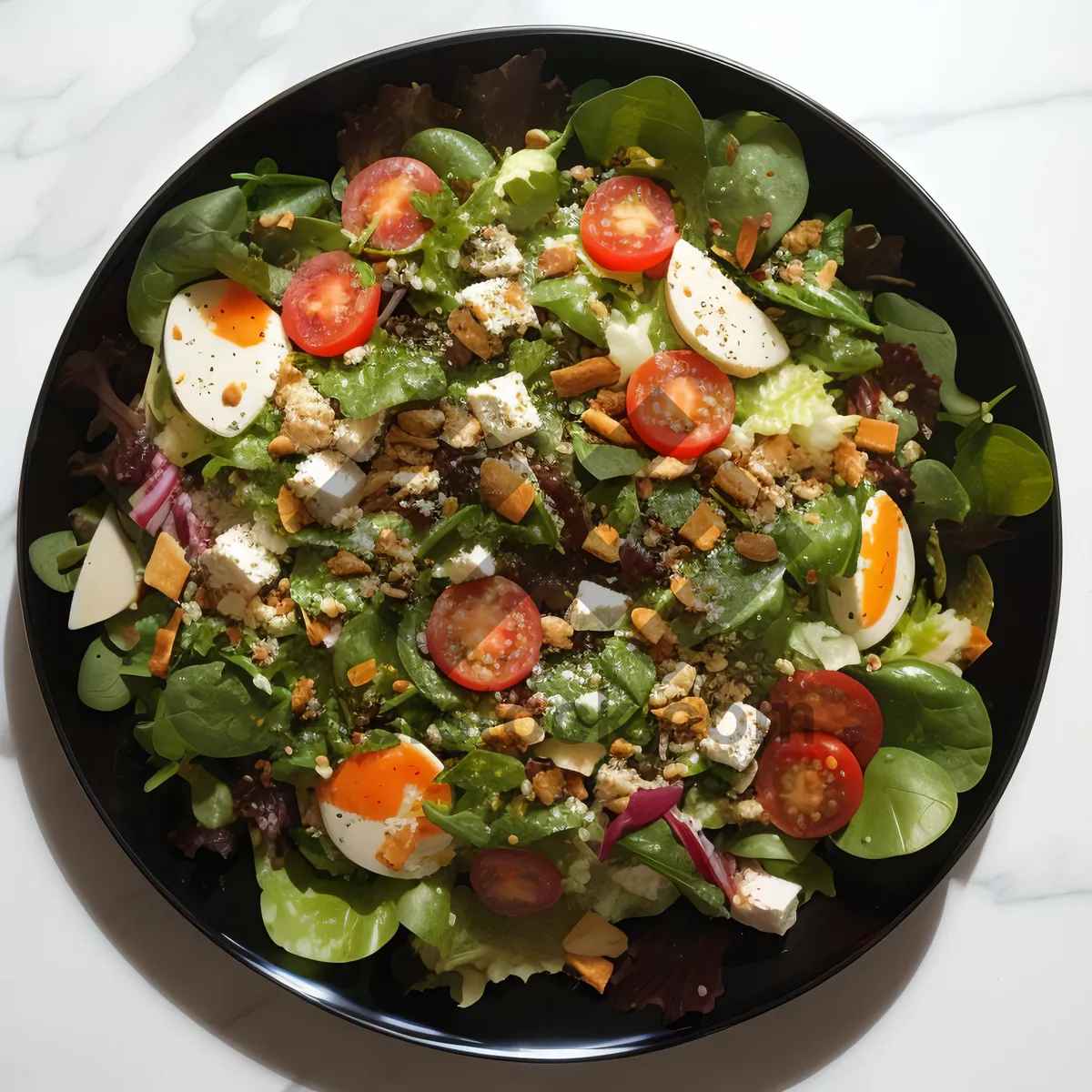 Picture of Vegetarian Chickpea Salad with Olive and Tomato Slices.
