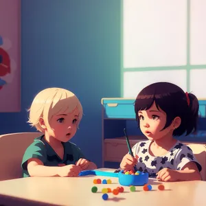 Happy child playing with doll in classroom