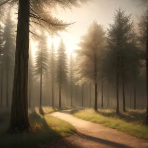 Sunlit Autumn Path through Forest