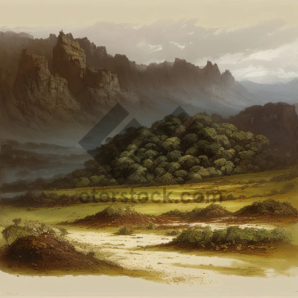 Picture of Serene Coastal Waterfront with Majestic Mountains