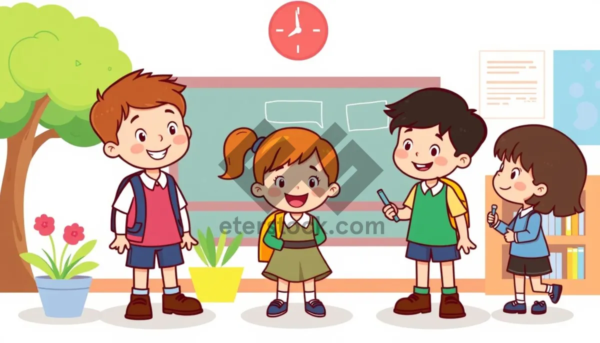 Picture of Cartoon boy with cutout drawing of kids having fun