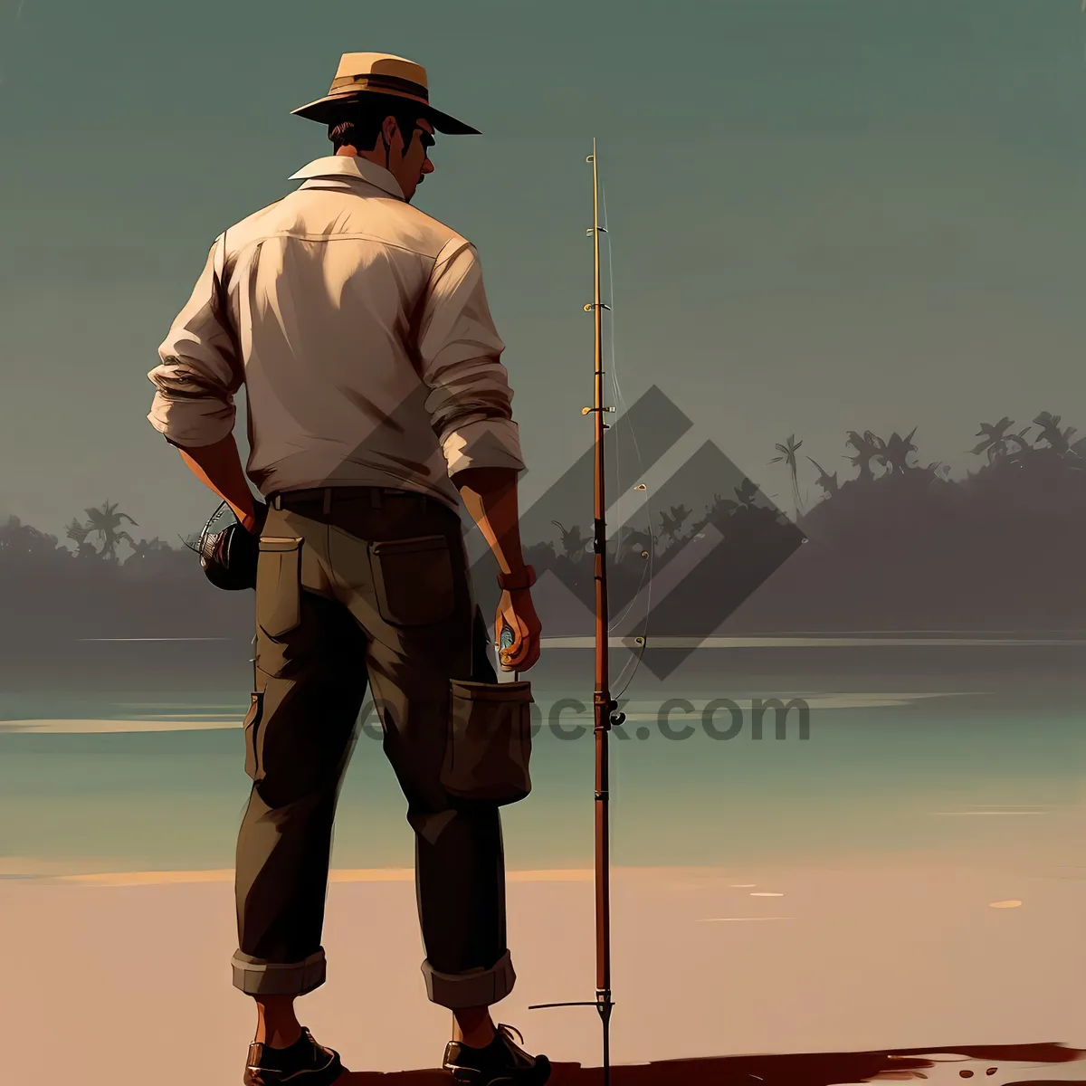 Picture of Active Fisherman with Fishing Rod and Gear